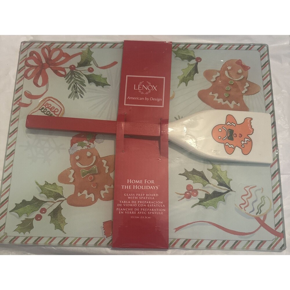Lenox Christmas Gingerbread Holly Glass Prep Cutting Board w/ Spatula NEW SEALED